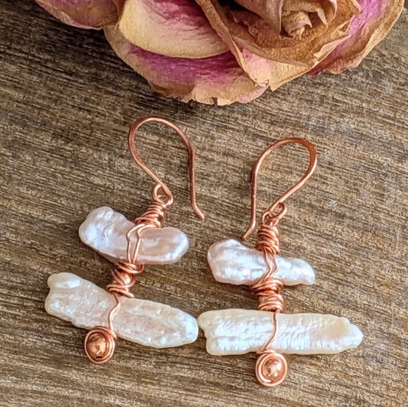 Biwa Pearl Earrings Artisan Copper Wrap Lightweight Coastal Style - Picture 4 of 14